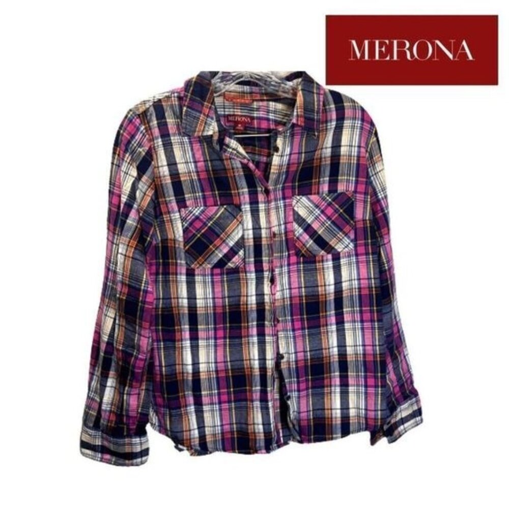 Merona Women's Long Sleeve Collar Button Down Plaid Shirt Blouse‎ Tops